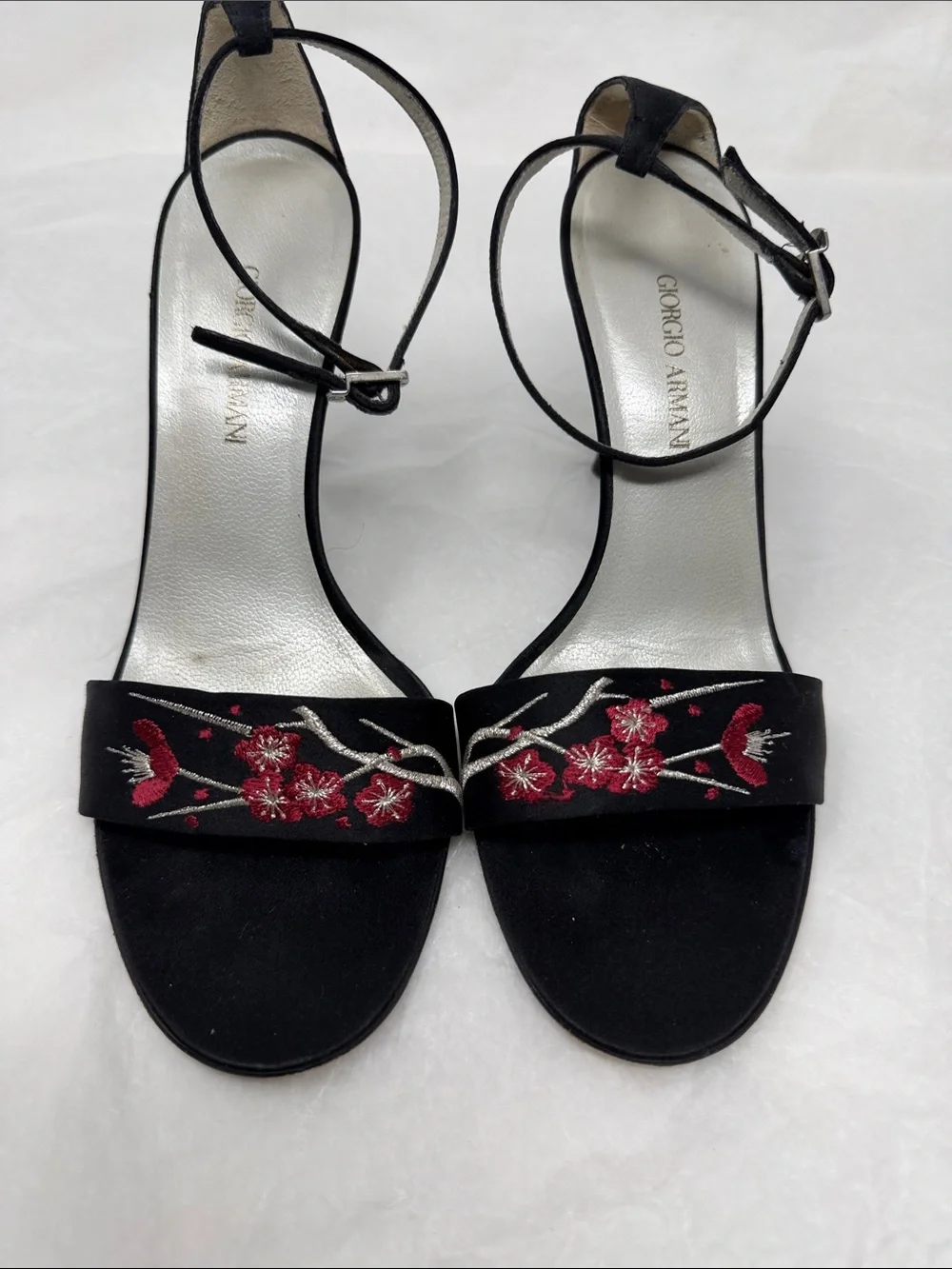 Giorgio Armani Black Embroidered Floral Ankle-Strap Sandals Size 36.5